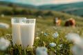 Fresh milk in glass with blurred landscape with cow on sunny spring or summer meadow Royalty Free Stock Photo