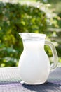 Fresh milk in glass jug on a table Royalty Free Stock Photo