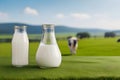 Fresh milk in a glass and in a jug on a wooden tabletop and a blurred landscape with a cow in a meadow. Healthy eating Royalty Free Stock Photo