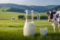 Fresh milk in a glass and in a jug on a wooden tabletop and a blurred landscape with a cow in a meadow. Healthy eating Royalty Free Stock Photo