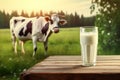 Fresh milk in glass on wooden tabletop and blurred landscape with cow on meadow. Generative AI Royalty Free Stock Photo