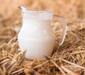 Fresh milk in a jug in the hayloft