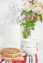 Fresh milk in old fashioned bottle and homemade bread Royalty Free Stock Photo