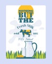 Fresh milk poster, vector illustration. Package decoration, product label design. Glass jug of milk, green grass, cow