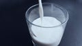 Fresh milk is poured into a glass, close-up, top view