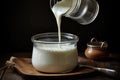 fresh milk poured into a glass jar for yogurt preparation