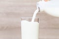 Fresh milk pouring into drinking glass Royalty Free Stock Photo