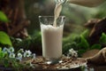 Fresh Milk Pouring into Glass Amid Nature Royalty Free Stock Photo