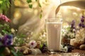 Fresh Milk Pouring into Glass Amid Nature Royalty Free Stock Photo