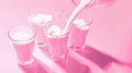 Fresh Milk Pouring Into Glasses with Splashes on Pink Background Royalty Free Stock Photo