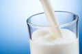 Fresh milk pouring into transparent glass on blue background Royalty Free Stock Photo