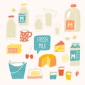 Fresh milk set. Dairy products - milk, yogurt, cheese, butter, milkshake.