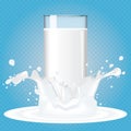 Fresh milk transparent glass in milk splashes. Realistic Vector illustration