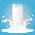 Fresh milk transparent glass in milk splashes. Realistic Vector illustration