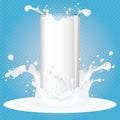 Fresh milk transparent glass in milk splashes. Realistic Vector illustration