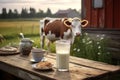 Fresh milk on a wooden table with a cow in a meadow in the background. Generative AI Royalty Free Stock Photo