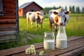 Fresh milk on a wooden table with a cow in a meadow in the background. Generative AI Royalty Free Stock Photo