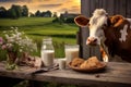 Fresh milk on a wooden table with a cow in a meadow in the background. Generative AI Royalty Free Stock Photo