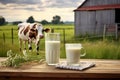 Fresh milk on a wooden table with a cow in a meadow in the background. Generative AI Royalty Free Stock Photo