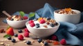 Fresh milk or yogurt bowl of cereal flakes, dried nuts and berries fruits cold naturiouse breakfast. Generative AI Royalty Free Stock Photo