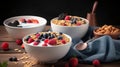 Fresh milk or yogurt bowl of cereal flakes, dried nuts and berries fruits. Generative AI