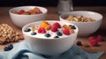 Fresh milk or yogurt bowl of cereal flakes, dried nuts and berries fruits. Generative AI Royalty Free Stock Photo