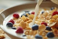 Fresh milk or yogurt pouring over a bowl of cereal flakes and berries fruits cold breakfast Royalty Free Stock Photo