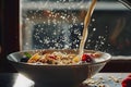 Fresh milk or yogurt pouring over a bowl of cereal flakes and berries fruits cold breakfast Royalty Free Stock Photo