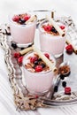 Fresh milkshake, yogurt, dessert, smoothie with strawberry decorated grated chocolate and frozen raspberries, blueberries Royalty Free Stock Photo