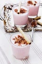 Fresh milkshake, yogurt, dessert, smoothie with strawberry decorated grated chocolate