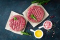 Fresh minced beef meat burgers with spices on dark background. Raw ground beef meat