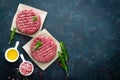 Fresh minced beef meat burgers with spices on dark background. Raw ground beef meat