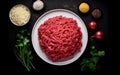 Fresh minced meat ready for cooking on black background