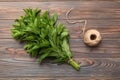 Fresh mint bunch on colored table. Top view with copy space Royalty Free Stock Photo