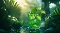Fresh mint cocktail with lime in a tropical setting surrounded by lush greenery Royalty Free Stock Photo