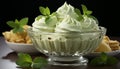 Fresh mint leaf enhances culinary dessert with sweet cream and fruit generated by AI Royalty Free Stock Photo