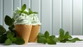 Fresh mint leaf enhances culinary dessert with sweet cream and gourmet chocolate generated by AI Royalty Free Stock Photo