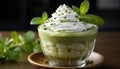 Fresh mint leaf enhances gourmet dessert with whipped cream and fruit generated by AI Royalty Free Stock Photo