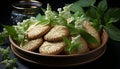 Fresh mint leaf on a homemade cookie, a gourmet culinary delight generated by AI