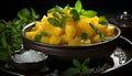 Fresh mint leaf on a wooden bowl, culinary delight generated by AI