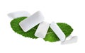 Fresh mint leaves and chewing gum pads flying on white background Royalty Free Stock Photo