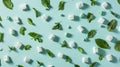 fresh mint leaves and chewing gum pads gracefully falling against a light blue background, evoking a sense of freshness Royalty Free Stock Photo