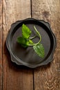 Fresh mint leaves on an old tray on wooden table