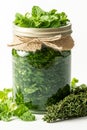 Fresh mint leaves are packed in a jar while dried herbs rest on the table, creating a vibrant display of greens Royalty Free Stock Photo