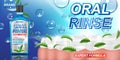 Fresh mint mouth rinse ads, mouthwash product with mint leaves for dental care poster. White tooth and Oral rinse Banner Royalty Free Stock Photo