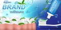 Fresh mint toothpaste ads, mint leaves background. Tooth model and product package design for dental care poster or