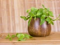 Fresh mint in a wooden brown bowl on the table Royalty Free Stock Photo