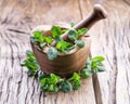 Fresh mint, wooden mortar and pestle.