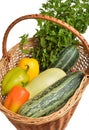 Fresh mint, yellow and green zucchini and Bell peppers in basket Royalty Free Stock Photo