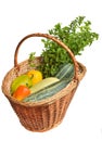 Fresh mint, yellow and green zucchini and Bell peppers in basket Royalty Free Stock Photo